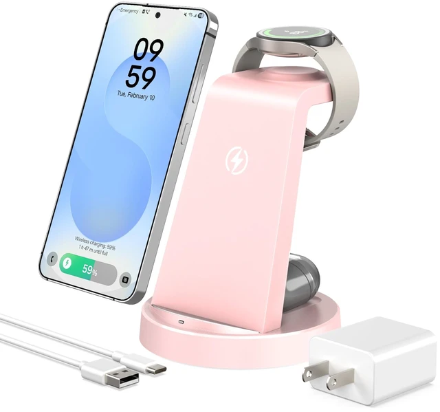Main image of Wireless Charger for Samsung, 3-in-1 Android Charging Station | Phone and Watch Charger for Samsung S26/S25/S24/S23/S22, Note 20/10, Z Fold 6/5, Galaxy Buds, Galaxy Watch-Pink