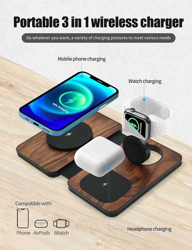Alt view image 3 of 7 - 3-in-1 Charging Station for Apple Devices, Fast Mag Safe Wireless Charger, Foldable Travel Charger for Cell Phone 16-12 Series, AirPods, and iWatch Series (wulnut Wood)