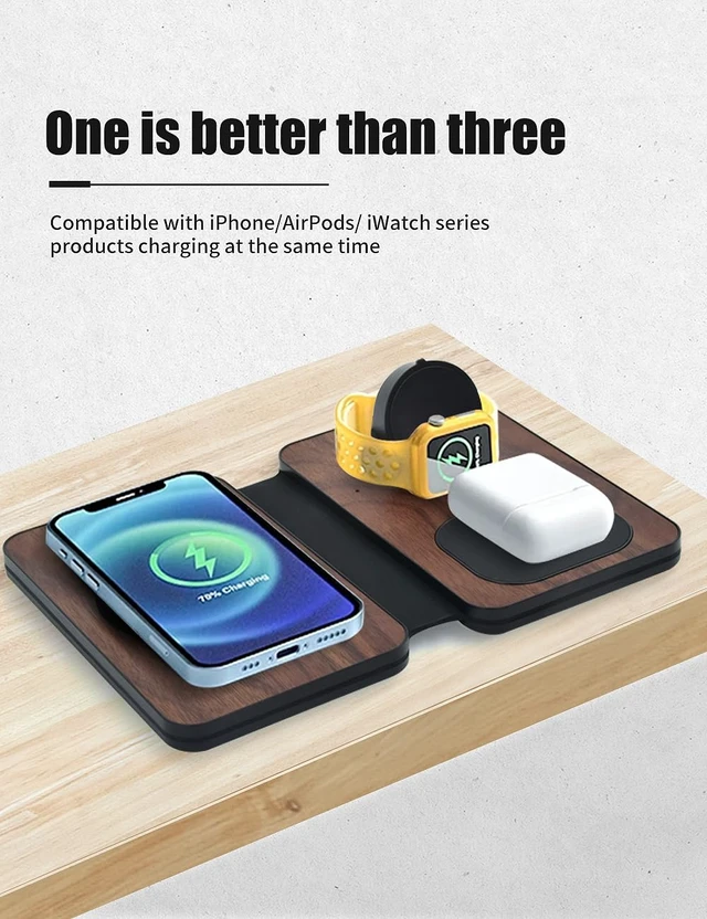 Alt view image 4 of 7 - 3-in-1 Charging Station for Apple Devices, Fast Mag Safe Wireless Charger, Foldable Travel Charger for Cell Phone 16-12 Series, AirPods, and iWatch Series (wulnut Wood)