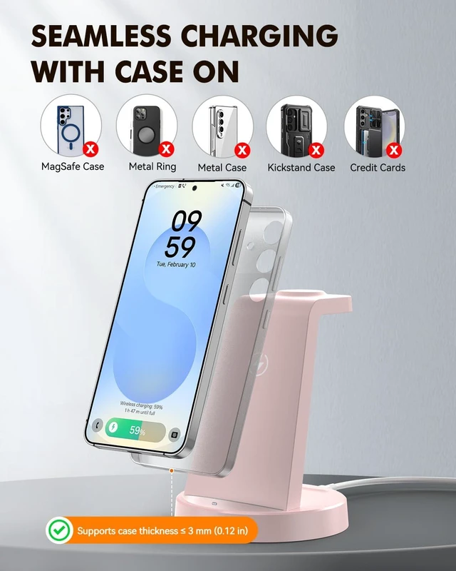 Alt view image 3 of 7 - Wireless Charger for Samsung, 3-in-1 Android Charging Station | Phone and Watch Charger for Samsung S26/S25/S24/S23/S22, Note 20/10, Z Fold 6/5, Galaxy Buds, Galaxy Watch-Pink