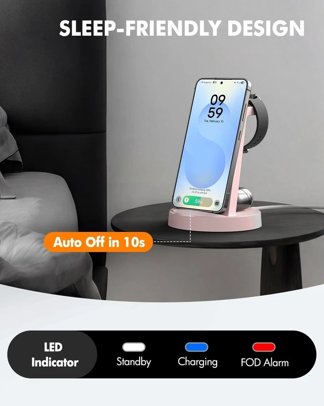 Alt view image 5 of 7 - Wireless Charger for Samsung, 3-in-1 Android Charging Station | Phone and Watch Charger for Samsung S26/S25/S24/S23/S22, Note 20/10, Z Fold 6/5, Galaxy Buds, Galaxy Watch-Pink