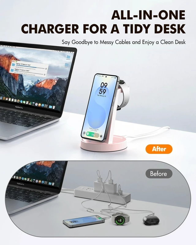 Alt view image 6 of 7 - Wireless Charger for Samsung, 3-in-1 Android Charging Station | Phone and Watch Charger for Samsung S26/S25/S24/S23/S22, Note 20/10, Z Fold 6/5, Galaxy Buds, Galaxy Watch-Pink
