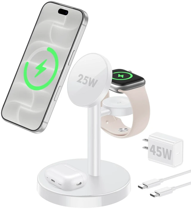 Main image of Aeinidi 25W 3 in 1 Fast Wireless Charging Station for MagSafe Charger Stand Strong Magnetic Wireless Charger for iPhone 18 Pro Max Duo 17 16 15 14 13 12 Apple Watch AirPods Pro 5, 45W Adapter Included