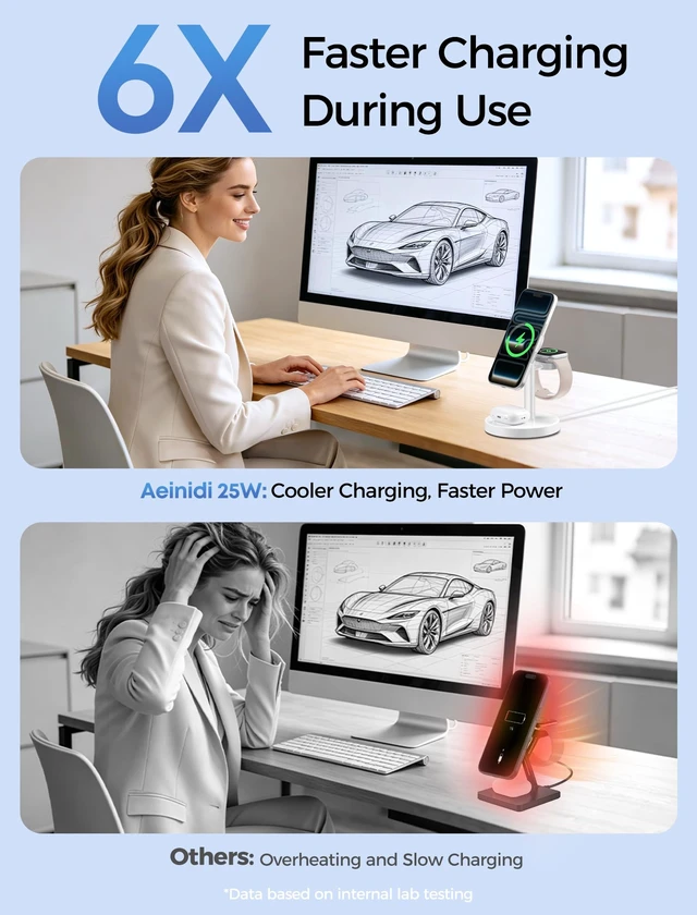 Alt view image 3 of 7 - Aeinidi 25W 3 in 1 Fast Wireless Charging Station for MagSafe Charger Stand Strong Magnetic Wireless Charger for iPhone 18 Pro Max Duo 17 16 15 14 13 12 Apple Watch AirPods Pro 5, 45W Adapter Included