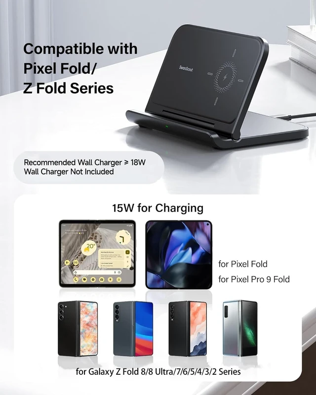 Alt view image 2 of 7 - Wireless Charger for Samsung Z Fold 8/8 Ultra/7/6/5/4/3/Pixel 10 Pro Fold | Foldable Phone Charging Stand for Google Pixel 9 Pro Fold/Pixel Fold, for Samsung Galaxy Z Fold, No Adapter, SwanScout 503S