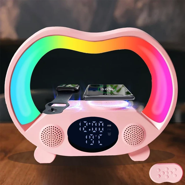 Main image of IHAO 6in1 Wireless Charging Station with Bluetooth Speaker Time&Temperature Display Alarm Clock 7-Color LED Night Lights Fast Charger for Phone, Apple Watch, Earbuds Remote Control Auto Shutoff-Pink