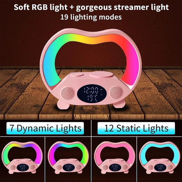 Alt view image 3 of 7 - IHAO 6in1 Wireless Charging Station with Bluetooth Speaker Time&Temperature Display Alarm Clock 7-Color LED Night Lights Fast Charger for Phone, Apple Watch, Earbuds Remote Control Auto Shutoff-Pink