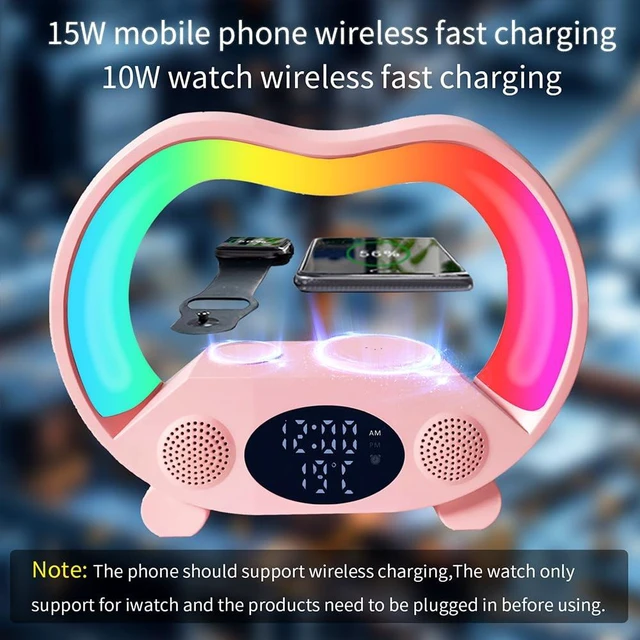 Alt view image 2 of 7 - IHAO 6in1 Wireless Charging Station with Bluetooth Speaker Time&Temperature Display Alarm Clock 7-Color LED Night Lights Fast Charger for Phone, Apple Watch, Earbuds Remote Control Auto Shutoff-Pink