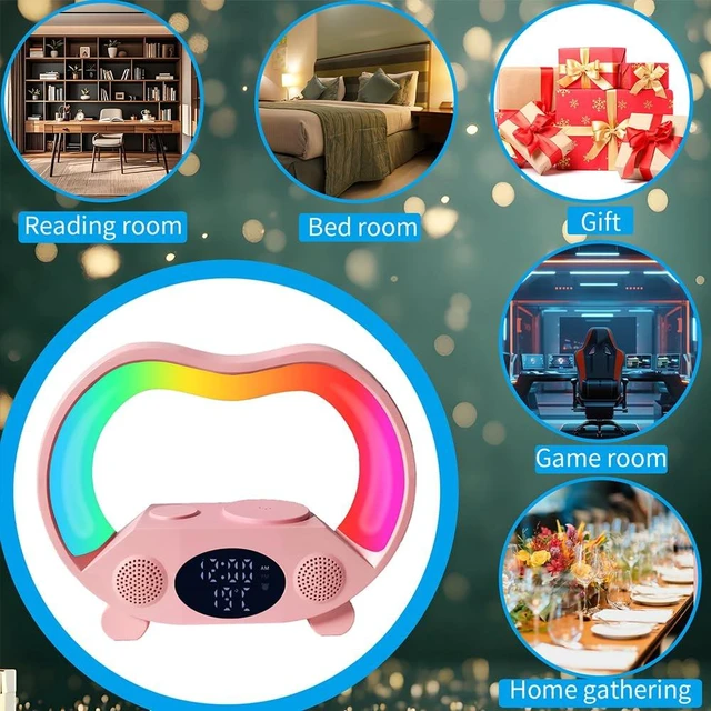 Alt view image 5 of 7 - IHAO 6in1 Wireless Charging Station with Bluetooth Speaker Time&Temperature Display Alarm Clock 7-Color LED Night Lights Fast Charger for Phone, Apple Watch, Earbuds Remote Control Auto Shutoff-Pink