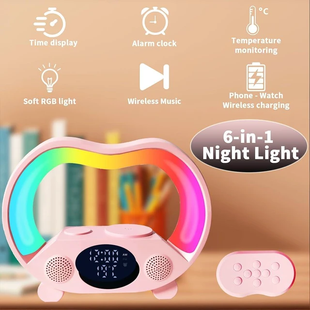 Alt view image 4 of 7 - IHAO 6in1 Wireless Charging Station with Bluetooth Speaker Time&Temperature Display Alarm Clock 7-Color LED Night Lights Fast Charger for Phone, Apple Watch, Earbuds Remote Control Auto Shutoff-Pink