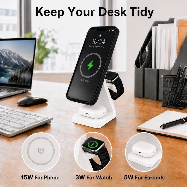 Alt view image 2 of 7 - CEDVORA 3 in 1 Foldable Magnetic Wireless Charger for iPhone Watch AirPods | 15W magnetic fast charging station, folds flat for travel, USB-C input, charges Apple Watch and AirPods together, White