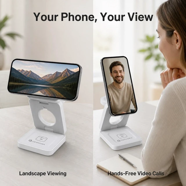 Alt view image 4 of 7 - CEDVORA 3 in 1 Foldable Magnetic Wireless Charger for iPhone Watch AirPods | 15W magnetic fast charging station, folds flat for travel, USB-C input, charges Apple Watch and AirPods together, White