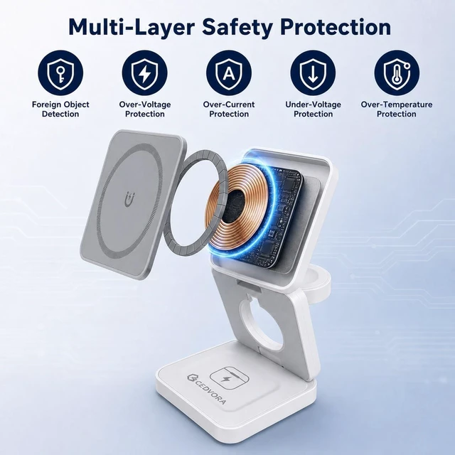 Alt view image 7 of 7 - CEDVORA 3 in 1 Foldable Magnetic Wireless Charger for iPhone Watch AirPods | 15W magnetic fast charging station, folds flat for travel, USB-C input, charges Apple Watch and AirPods together, White