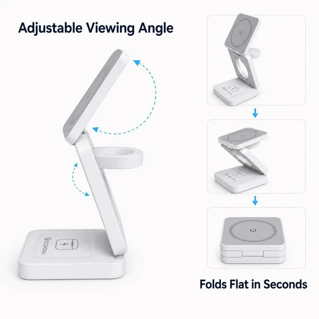 Alt view image 6 of 7 - CEDVORA 3 in 1 Foldable Magnetic Wireless Charger for iPhone Watch AirPods | 15W magnetic fast charging station, folds flat for travel, USB-C input, charges Apple Watch and AirPods together, White