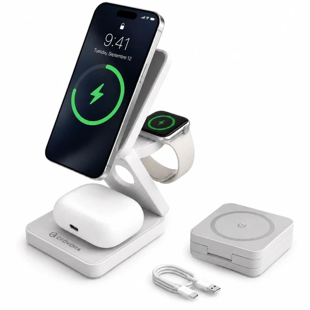 Main image of CEDVORA 3 in 1 Foldable Magnetic Wireless Charger for iPhone Watch AirPods | 15W magnetic fast charging station, folds flat for travel, USB-C input, charges Apple Watch and AirPods together, White