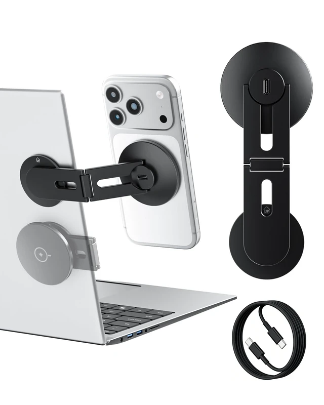 Main image of ALAFLY Magnetic Laptop Phone Holder with 15W Fast Wireless Charger (Black) | Foldable Hidden Stand Design for MagSafe iPhone 18/17/16/15/14/13/12, MacBook, Monitor Screen Side & Tesla Model 3/Y/S/X