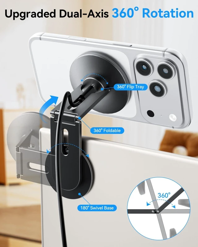 Alt view image 3 of 7 - ALAFLY Magnetic Laptop Phone Holder with 15W Fast Wireless Charger (Black) | Foldable Hidden Stand Design for MagSafe iPhone 18/17/16/15/14/13/12, MacBook, Monitor Screen Side & Tesla Model 3/Y/S/X