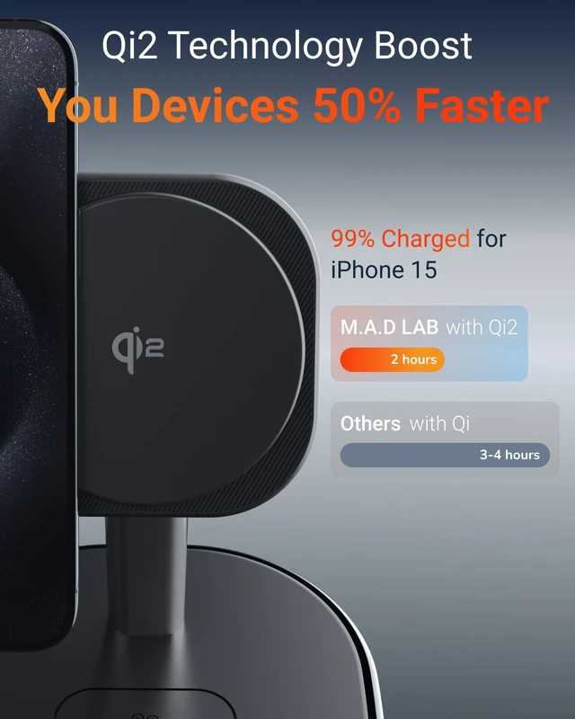 Alt view image 2 of 7 - M.A.D LAB 3 in 1 Charging Station, Qi2 15W, MagSafe Compatible, LED Light | Charge iPhone, Apple Watch, AirPods and Android overnight on your nightstand; magnetic wireless stand, adapter not included