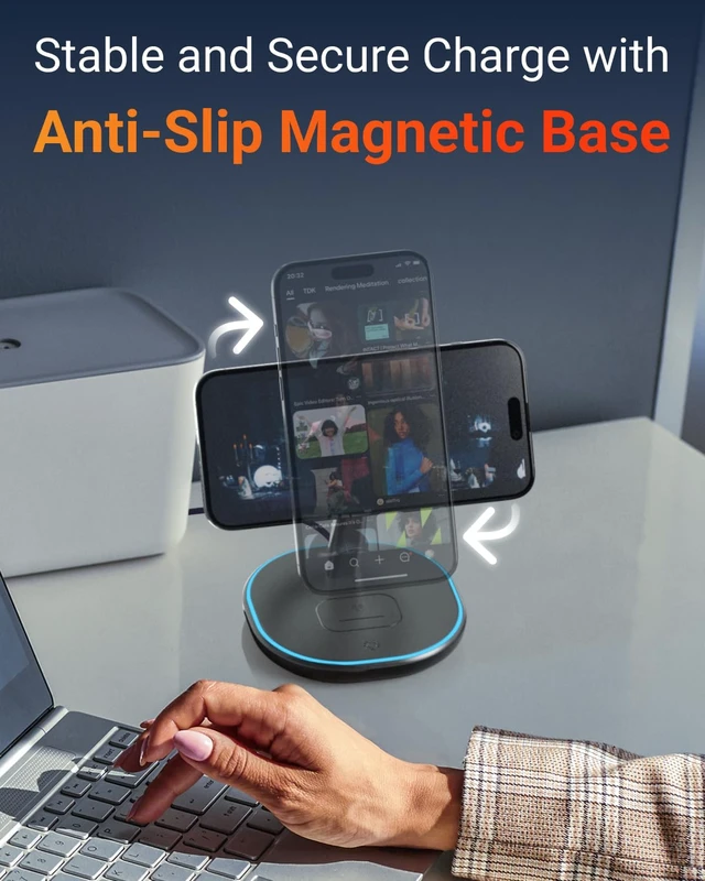 Alt view image 7 of 7 - M.A.D LAB 3 in 1 Charging Station, Qi2 15W, MagSafe Compatible, LED Light | Charge iPhone, Apple Watch, AirPods and Android overnight on your nightstand; magnetic wireless stand, adapter not included