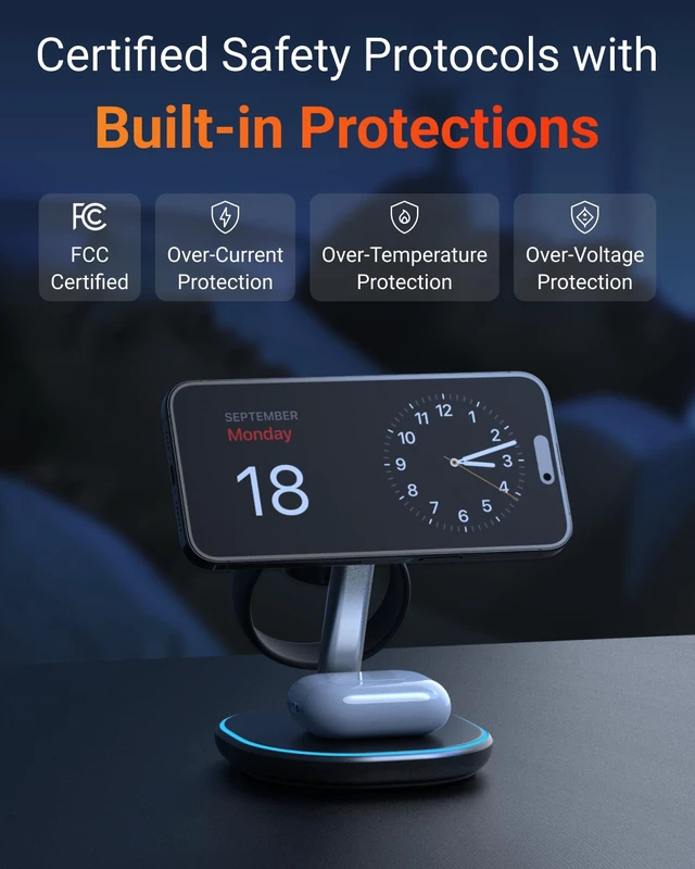 Alt view image 4 of 7 - M.A.D LAB 3 in 1 Charging Station, Qi2 15W, MagSafe Compatible, LED Light | Charge iPhone, Apple Watch, AirPods and Android overnight on your nightstand; magnetic wireless stand, adapter not included