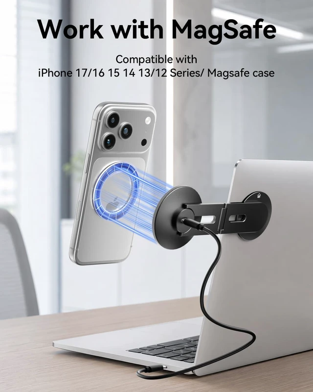 Alt view image 5 of 7 - ALAFLY Magnetic Laptop Phone Holder with 15W Fast Wireless Charger (Black) | Foldable Hidden Stand Design for MagSafe iPhone 18/17/16/15/14/13/12, MacBook, Monitor Screen Side & Tesla Model 3/Y/S/X