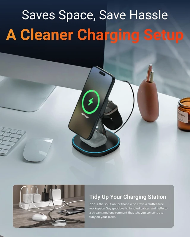 Alt view image 5 of 7 - M.A.D LAB 3 in 1 Charging Station, Qi2 15W, MagSafe Compatible, LED Light | Charge iPhone, Apple Watch, AirPods and Android overnight on your nightstand; magnetic wireless stand, adapter not included