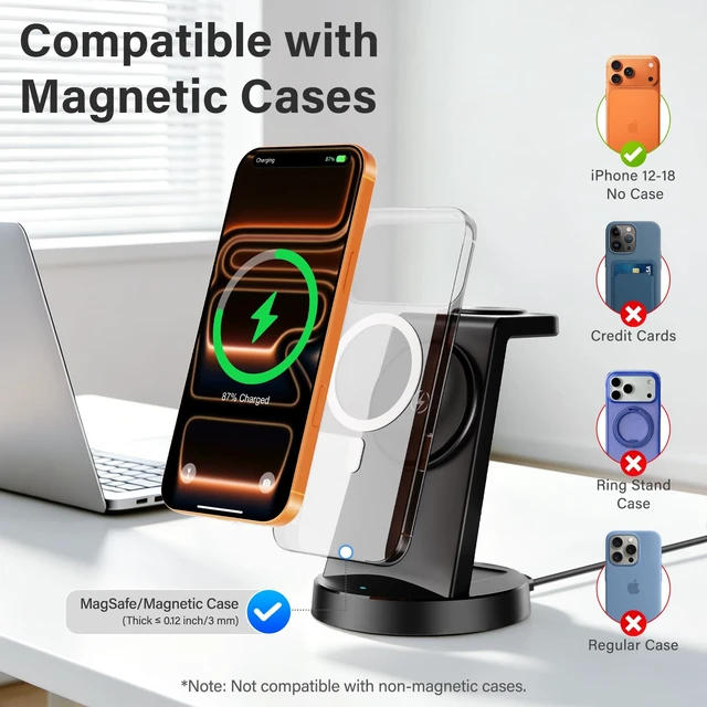 Alt view image 5 of 7 - 25W Magnetic Fast 3 in 1 Charging Station Wireless Charger Stand | Wireless Charging Station for iPhone Duo 18 17 17e 16 15 14 13 12 Pro Max & Apple Watch & AirPods (Black)