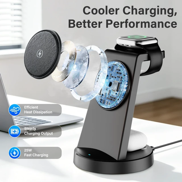 Alt view image 6 of 7 - 25W Magnetic Fast 3 in 1 Charging Station Wireless Charger Stand | Wireless Charging Station for iPhone Duo 18 17 17e 16 15 14 13 12 Pro Max & Apple Watch & AirPods (Black)