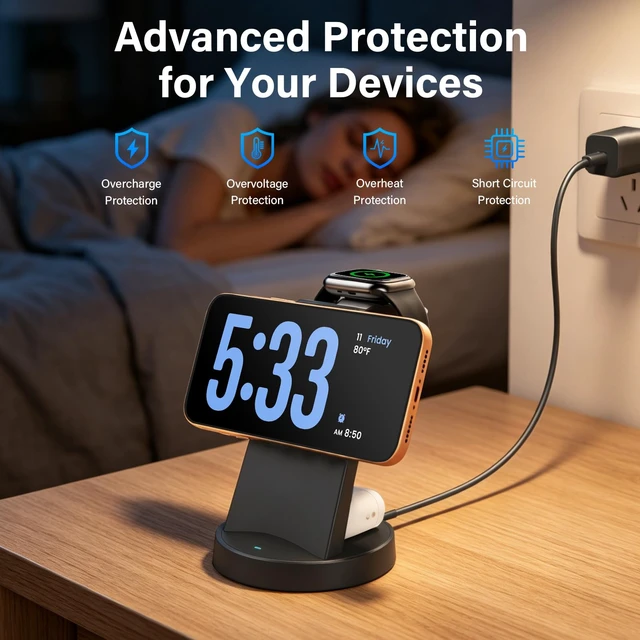 Alt view image 7 of 7 - 25W Magnetic Fast 3 in 1 Charging Station Wireless Charger Stand | Wireless Charging Station for iPhone Duo 18 17 17e 16 15 14 13 12 Pro Max & Apple Watch & AirPods (Black)