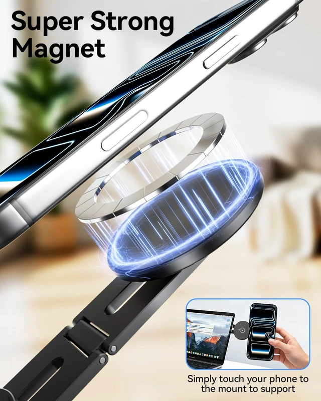 Alt view image 6 of 7 - ALAFLY Magnetic Laptop Phone Holder with 15W Fast Wireless Charger (Black) | Foldable Hidden Stand Design for MagSafe iPhone 18/17/16/15/14/13/12, MacBook, Monitor Screen Side & Tesla Model 3/Y/S/X