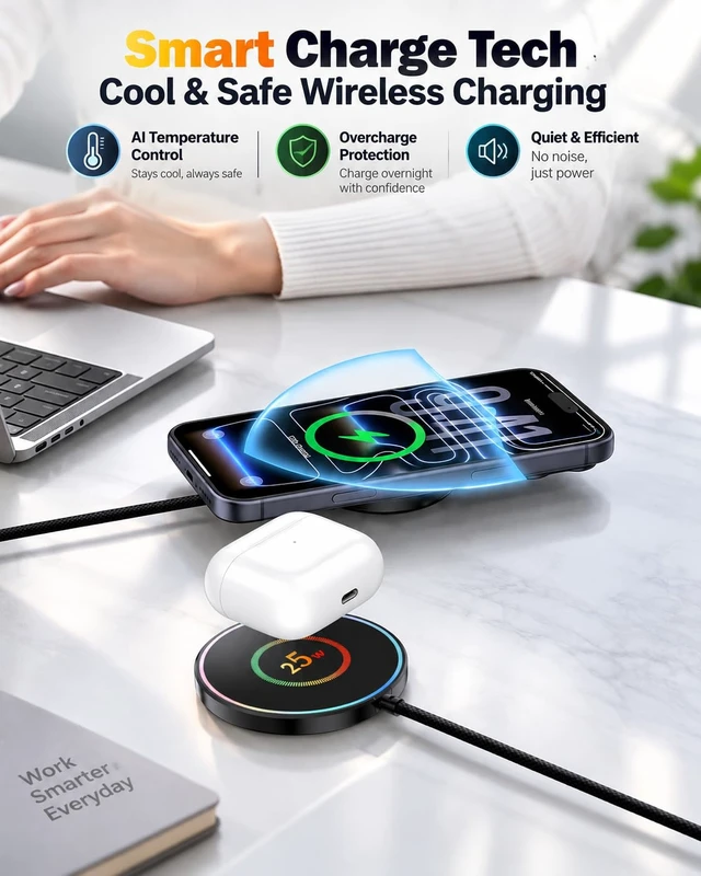 Alt view image 2 of 7 - 2-Pack 25W Wireless Charger for MagSafe, Magnetic Charging Pad for iPhone | 2-Pack 25W Fast Wireless Charging, Magnetic Alignment, USB-C, Slim Pads for Home, Office & Bedside