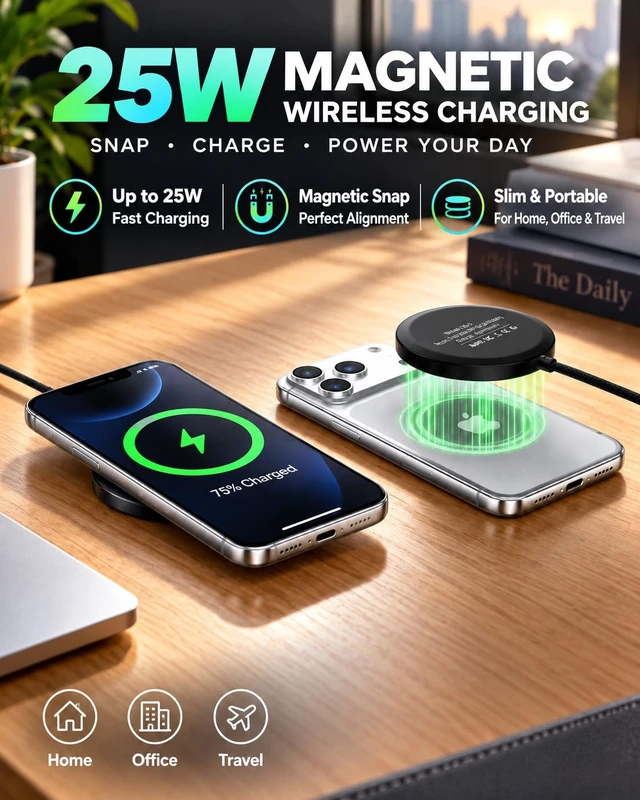 Alt view image 3 of 7 - 2-Pack 25W Wireless Charger for MagSafe, Magnetic Charging Pad for iPhone | 2-Pack 25W Fast Wireless Charging, Magnetic Alignment, USB-C, Slim Pads for Home, Office & Bedside