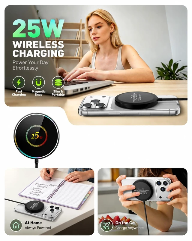 Alt view image 7 of 7 - 2-Pack 25W Wireless Charger for MagSafe, Magnetic Charging Pad for iPhone | 2-Pack 25W Fast Wireless Charging, Magnetic Alignment, USB-C, Slim Pads for Home, Office & Bedside