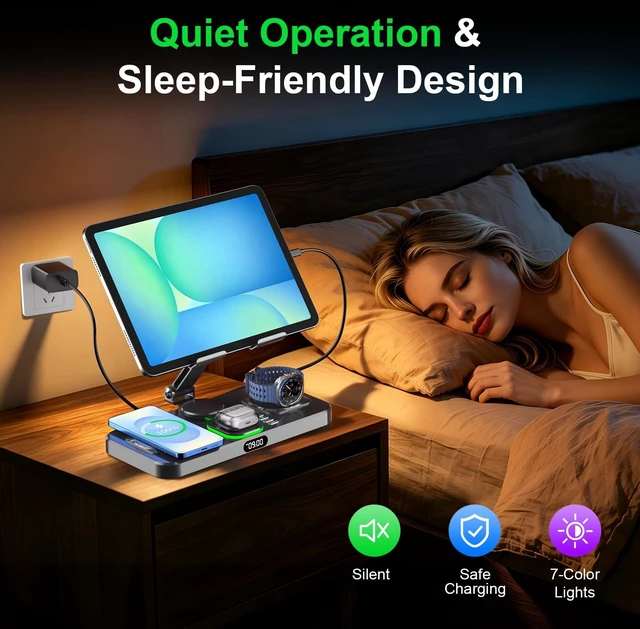 Alt view image 6 of 7 - Wireless Charger for Samsung Devices, Not for Galaxy Watch 9/ Watch Ultra 2 | 6 IN1 Charging Station;180° Rotation Metal Stand; 12/24H Switchable Clock;7Color Light; 30W Power Adapter;15W FastC Port