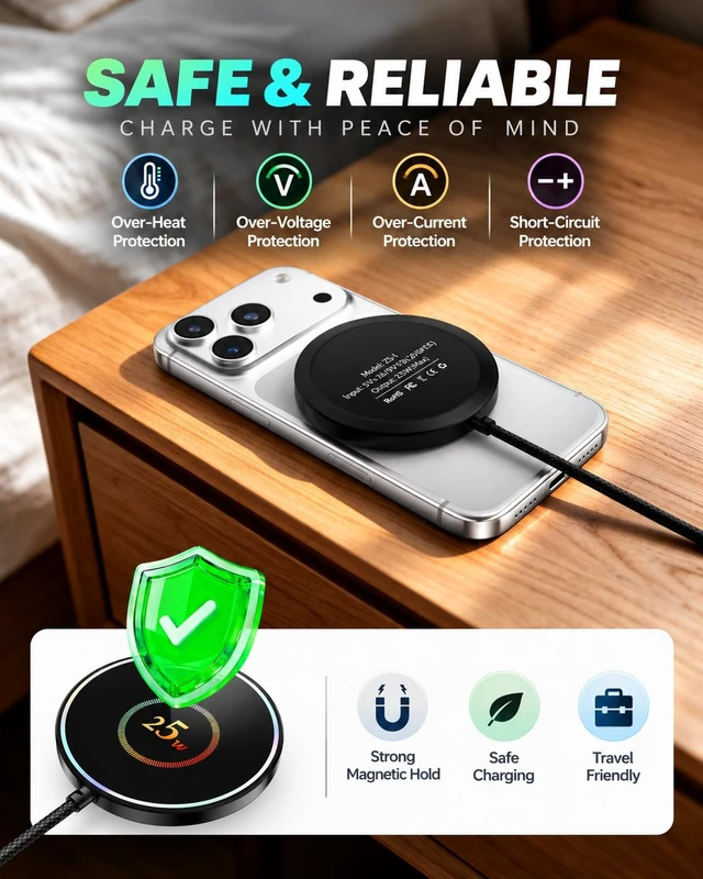 Alt view image 6 of 7 - 2-Pack 25W Wireless Charger for MagSafe, Magnetic Charging Pad for iPhone | 2-Pack 25W Fast Wireless Charging, Magnetic Alignment, USB-C, Slim Pads for Home, Office & Bedside