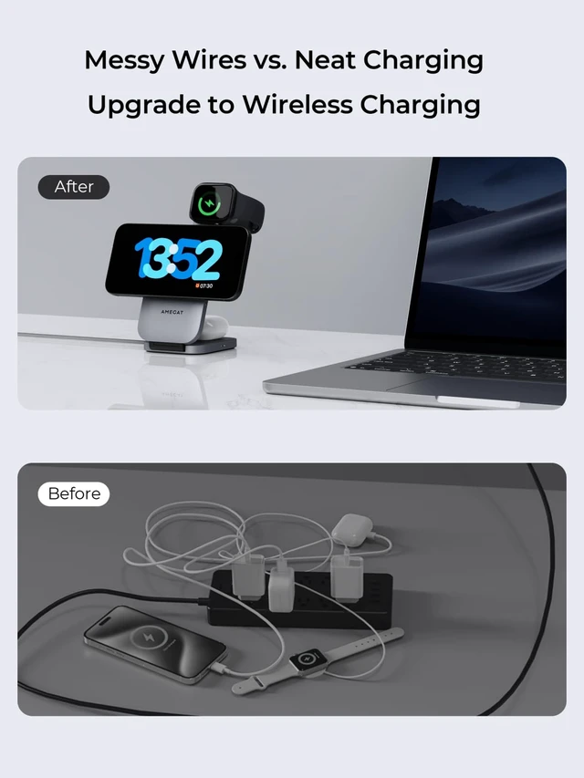 Alt view image 3 of 7 - 3-in-1 Fast Magnetic Wireless Charging Station for Apple: 15W Qi2-Certified Palm-Sized Foldable MagSafe Charger Stand for iPhone 17, Apple Watch, AirPods, Travel Portable with 30W Adapter& Travel Case