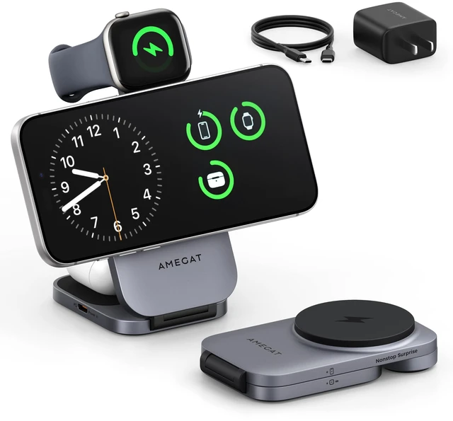 Main image of 3-in-1 Fast Magnetic Wireless Charging Station for Apple: 15W Qi2-Certified Palm-Sized Foldable MagSafe Charger Stand for iPhone 17, Apple Watch, AirPods, Travel Portable with 30W Adapter& Travel Case