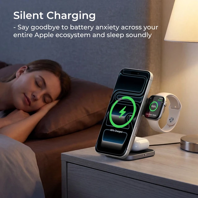 Alt view image 4 of 7 - 3-in-1 Fast Magnetic Wireless Charging Station for Apple: 15W Qi2-Certified Palm-Sized Foldable MagSafe Charger Stand for iPhone 17, Apple Watch, AirPods, Travel Portable with 30W Adapter& Travel Case