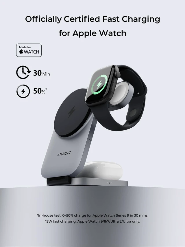 Alt view image 7 of 7 - 3-in-1 Fast Magnetic Wireless Charging Station for Apple: 15W Qi2-Certified Palm-Sized Foldable MagSafe Charger Stand for iPhone 17, Apple Watch, AirPods, Travel Portable with 30W Adapter& Travel Case