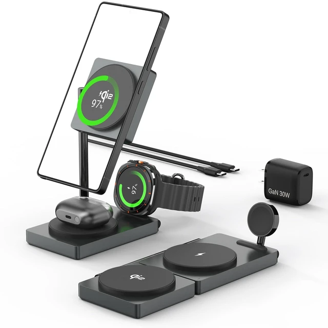Main image of Qi2 Certified 3 in 1 Wireless Charging Station for Samsung | 15W Foldable Magnetic Charger with 30W GaN Adapter, Aluminum Stand for Galaxy S26/S25/S24, Watch 8/7/6/Ultra, Buds4/3/2 Pro