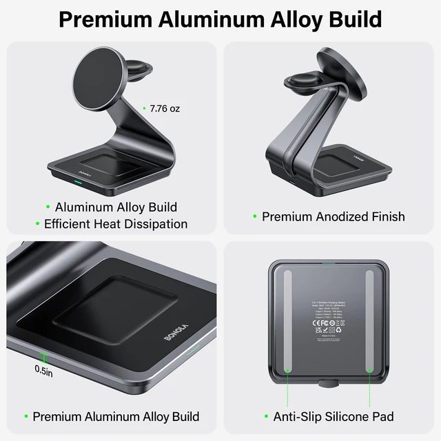 Alt view image 2 of 7 - 3-in-1 Wireless Charging Station for iPhone, Apple Watch & AirPods | Aluminum Magnetic Charger Stand, MagSafe Compatible, Fast Charging, Multiple Device Dock
