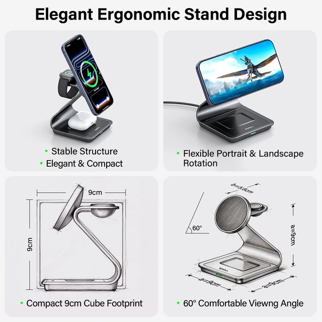 Alt view image 3 of 7 - 3-in-1 Wireless Charging Station for iPhone, Apple Watch & AirPods | Aluminum Magnetic Charger Stand, MagSafe Compatible, Fast Charging, Multiple Device Dock