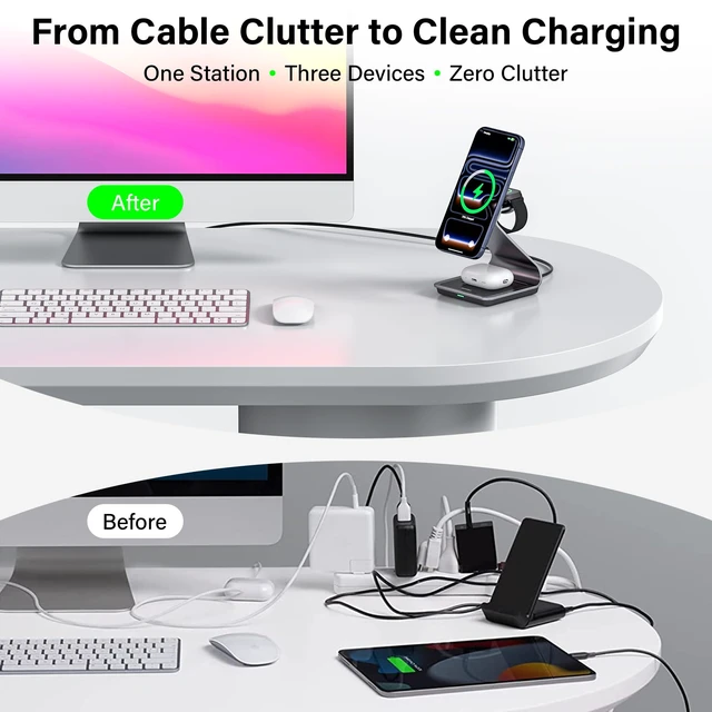 Alt view image 5 of 7 - 3-in-1 Wireless Charging Station for iPhone, Apple Watch & AirPods | Aluminum Magnetic Charger Stand, MagSafe Compatible, Fast Charging, Multiple Device Dock