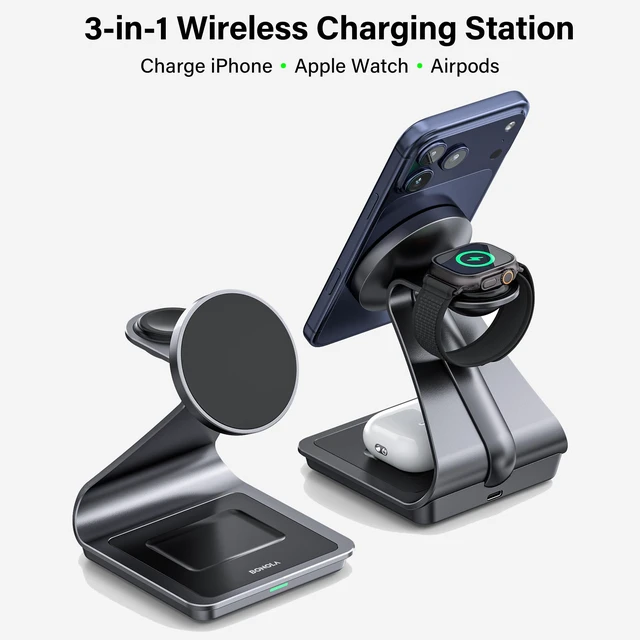 Alt view image 4 of 7 - 3-in-1 Wireless Charging Station for iPhone, Apple Watch & AirPods | Aluminum Magnetic Charger Stand, MagSafe Compatible, Fast Charging, Multiple Device Dock