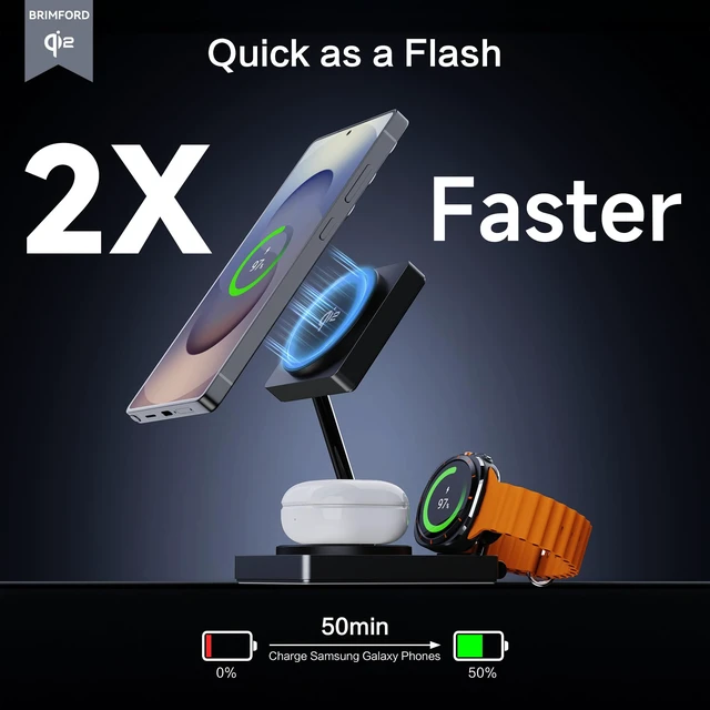 Alt view image 4 of 7 - Qi2 Certified 3 in 1 Wireless Charging Station for Samsung | 15W Foldable Magnetic Charger with 30W GaN Adapter, Aluminum Stand for Galaxy S26/S25/S24, Watch 8/7/6/Ultra, Buds4/3/2 Pro