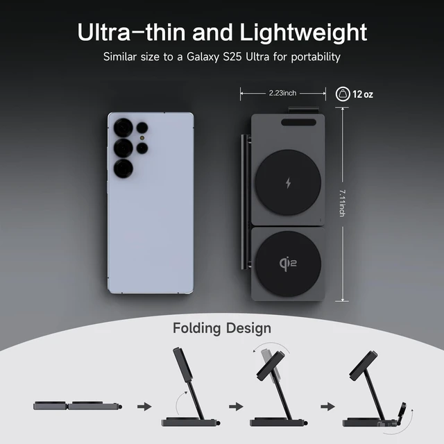 Alt view image 6 of 7 - Qi2 Certified 3 in 1 Wireless Charging Station for Samsung | 15W Foldable Magnetic Charger with 30W GaN Adapter, Aluminum Stand for Galaxy S26/S25/S24, Watch 8/7/6/Ultra, Buds4/3/2 Pro