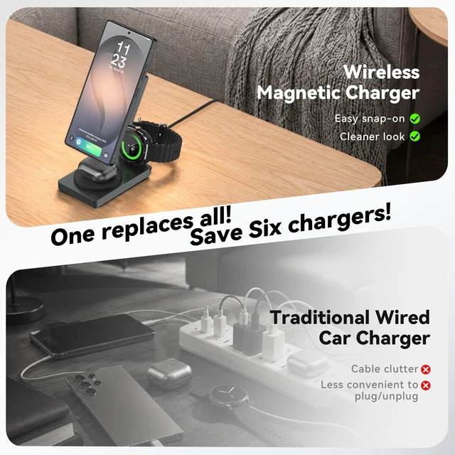 Alt view image 7 of 7 - Qi2 Certified 3 in 1 Wireless Charging Station for Samsung | 15W Foldable Magnetic Charger with 30W GaN Adapter, Aluminum Stand for Galaxy S26/S25/S24, Watch 8/7/6/Ultra, Buds4/3/2 Pro
