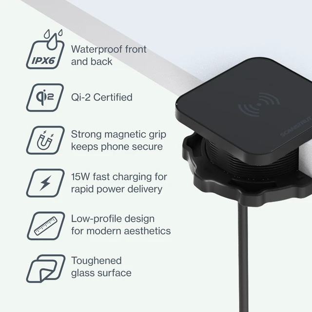 Alt view image 5 of 7 - Scanstrut Ultra SC-CW-14G Magnetised Wireless Charger, Qi2 15W Fast Charging, IPX6 Waterproof, MagSafe Compatible, 12/24V DC, Flush Mount for Marine, RV & Outdoor Use
