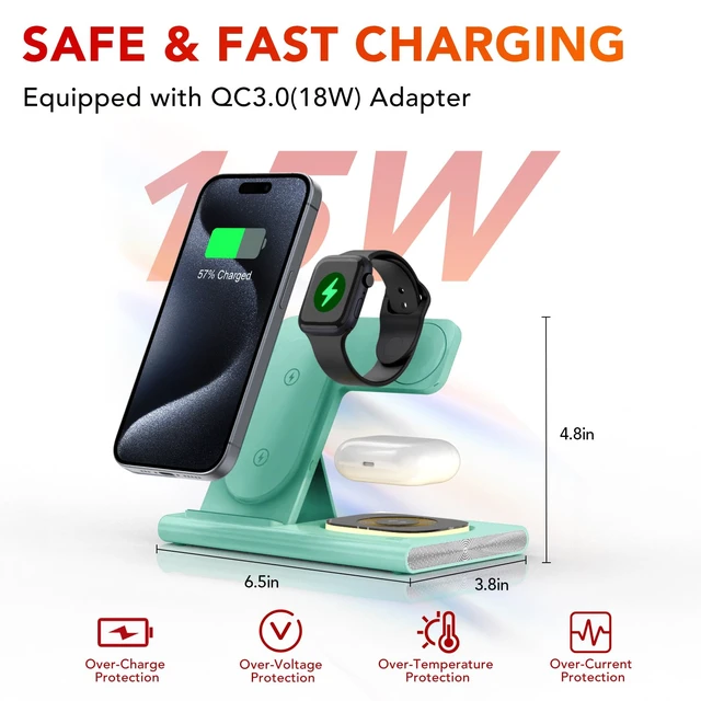 Alt view image 4 of 7 - 3 in 1 Foldable Charging Station for Apple Wireless Charger | iPhone Charging Station for iPhone 18 Pro Max,Apple Watch 12 Charger Stand, Light Nightstand Charging Dock for iWatch/Airpods