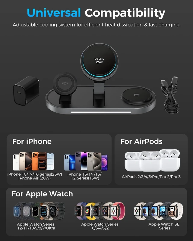 Alt view image 4 of 7 - 25W 3 in 1 Wireless Charging Station for Magsafe Charger for Apple | for iPhone 18 17 16 15 14 Pro Max,Apple Watch,Airpods,Foldable Charging Stand, Cooling Fan, Multi Device Charging, Travel